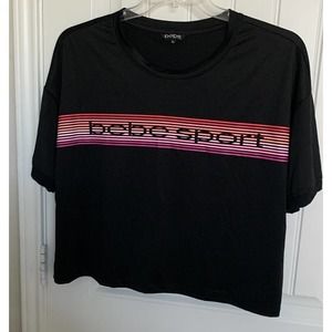 BEBE SPORT SHORT WAISTED TOP, WOMENS. XL, BLACK W/COLORFUL STRIPES ON FRONT